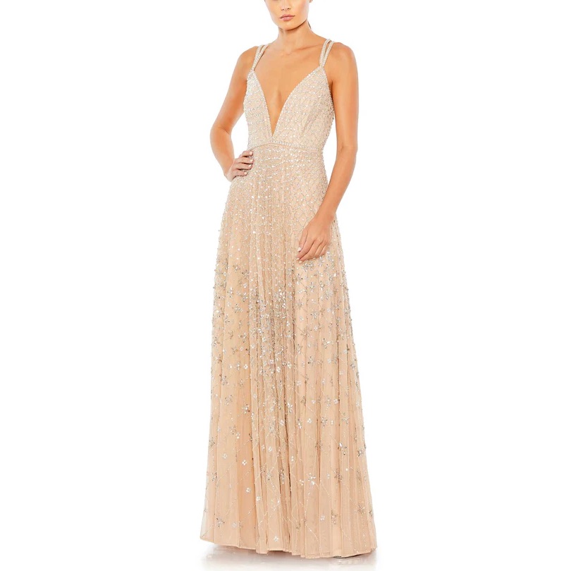 Nwt Mac Duggal 93701 Nude Silver Beaded Sleeveless Open Back Gown - Sz 8